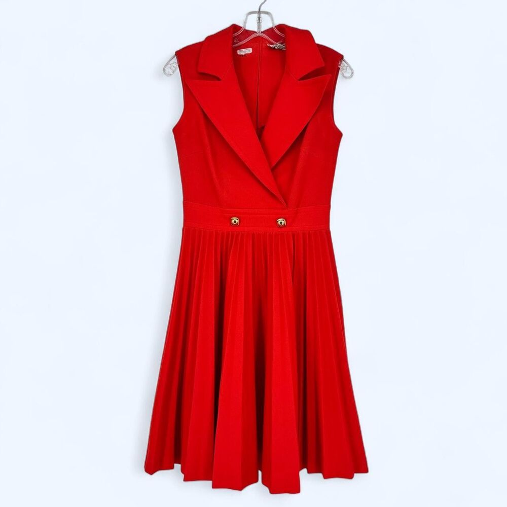 I. Magnin 1968 Plain Red Pleated Studio Wardrobe Dress Double Button Midi Size S